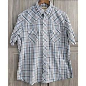 Wrangler Shirt Mens XL Blue Gray Plaid Western Pearl Snap SS Cowboy Rodeo